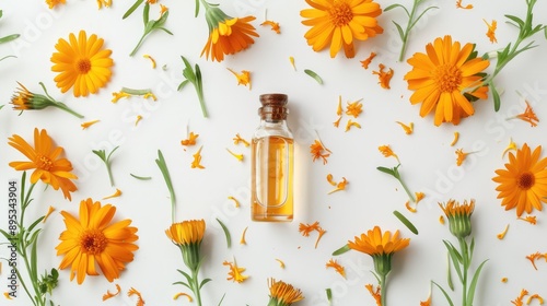 Calendula essential oil in glass bottle with marigold flowers on white background for aromatherapy concept photo