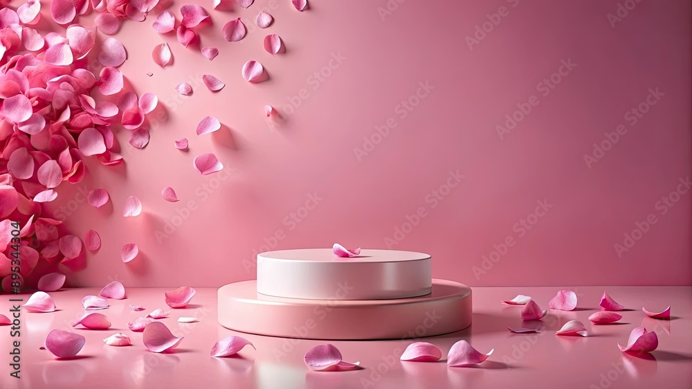 Pink product podium placement on solid background with rose petals falling. Luxury premium beauty, fashion, cosmetic and spa gift stand presentation. Valentine day present showcase. l offers. Pink product podium placement on solid background with rose petals falling. Luxury premium beauty, fashion, cosmetic and spa gift stand presentation. Valentine day present showcase. l offers.