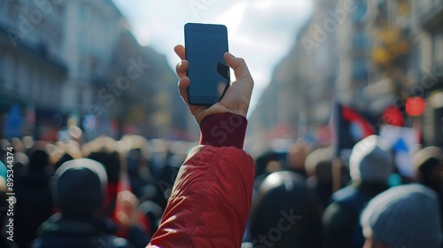 Hand Holding Smartphone at Outdoor Event in Urban Street Setting