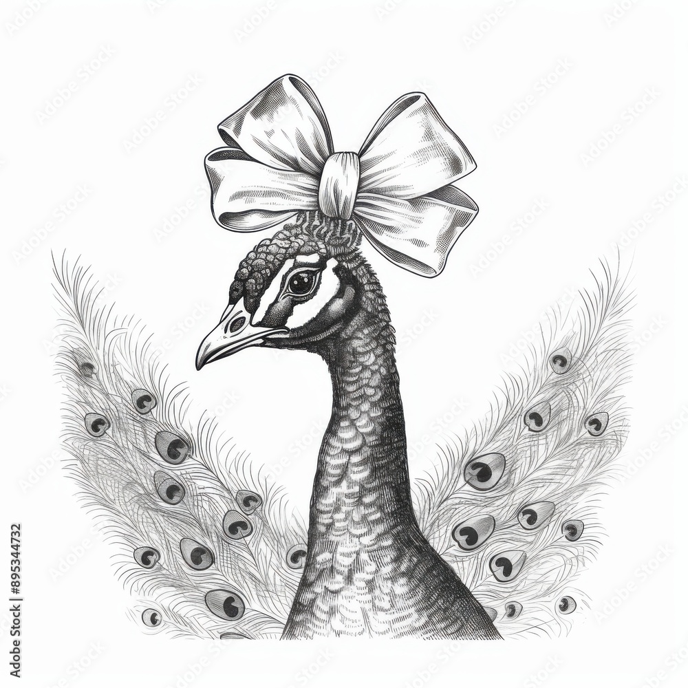 Fototapeta premium Black and white Vintage engraved art of a peacock with a bow, isolated on white background, ink sketch illustration, simple vector art design, highly detailed line art, high contrasty. 