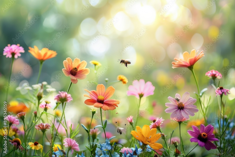 A field of flowers with bees flying around them A field of flowers with bees flying around them
