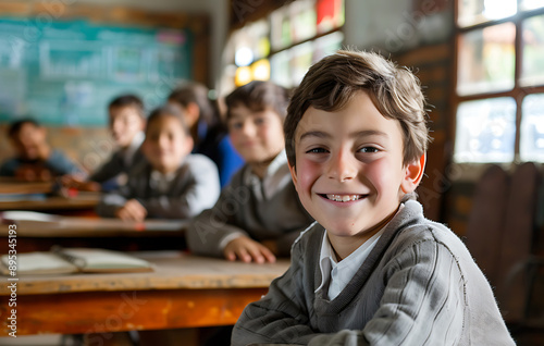 happy pupils of primary school in classroom