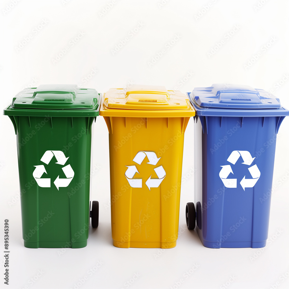 three recycling bins with the recycling symbol on them, lined up in a row. three recycling bins with the recycling symbol on them, lined up in a row.
