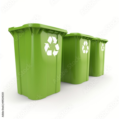 three green recycling bins with the recycling symbol on them, lined up in a row.