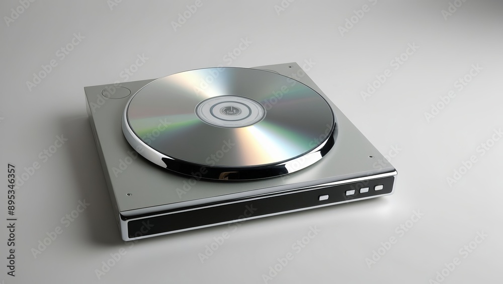 Close-up view of a modern DVD player with a reflective disc on top, isolated on a white background, showcasing sleek and compact design. Close-up view of a modern DVD player with a reflective disc on top, isolated on a white background, showcasing sleek and compact design.