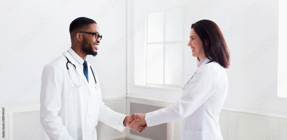 Obraz premium Doctor handshaking with african-american intern after meeting in clinic