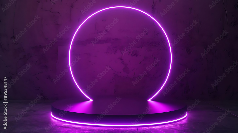 A modern display pedestal with a glowing purple circular light, perfect for highlighting products or art in a stylish environment. A modern display pedestal with a glowing purple circular light, perfect for highlighting products or art in a stylish environment.