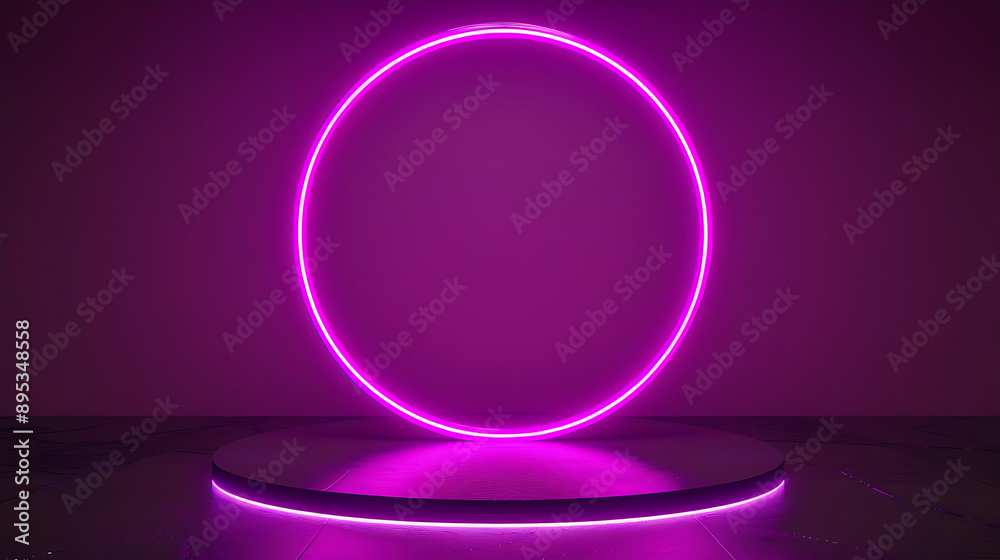 A vibrant purple neon circle illuminating a sleek platform against a modern backdrop, perfect for creative displays. A vibrant purple neon circle illuminating a sleek platform against a modern backdrop, perfect for creative displays.