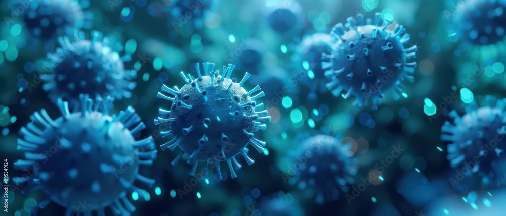 Close-up of Virus Particles in a Microscopic View with Blue and Green Bokeh Background Close-up of Virus Particles in a Microscopic View with Blue and Green Bokeh Background