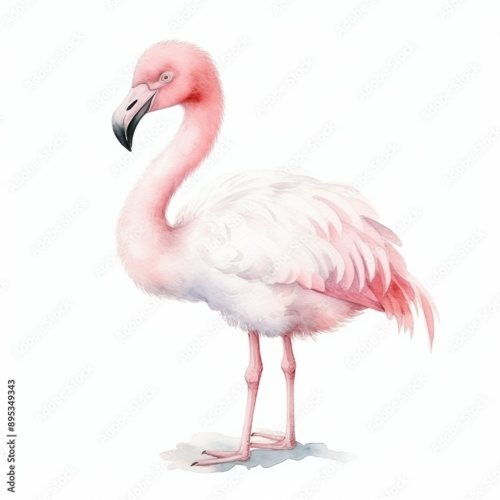 Obraz premium Watercolor, little pink flamingo stands on a white background. Concept of calmness and serenity