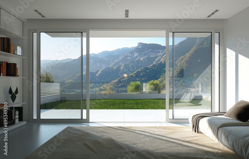 Interior of modern living room with panoramic window.