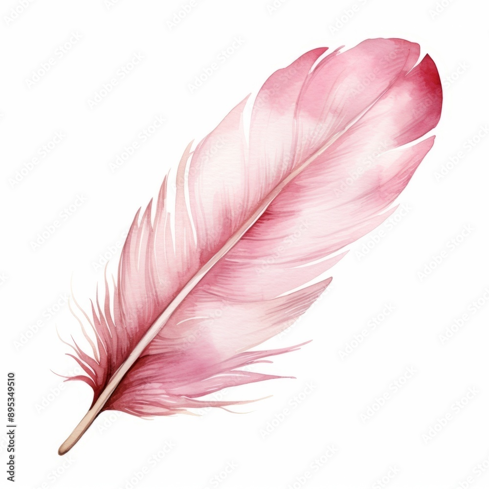 Watercolor, pink flamingo feather with a white background. The feather is the main focus of the image and it is delicate and elegant. The pink color of the feather contrasts with the white background