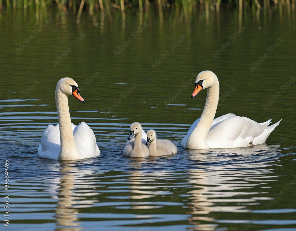 Obraz premium Two swans baby on the lake-generated by ai