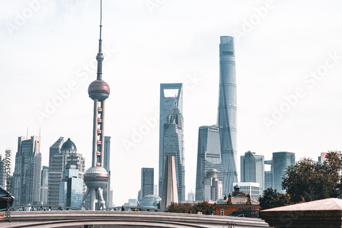 Bustling buildings and Oriental Pearl Tower in Pudong, Shanghai, China