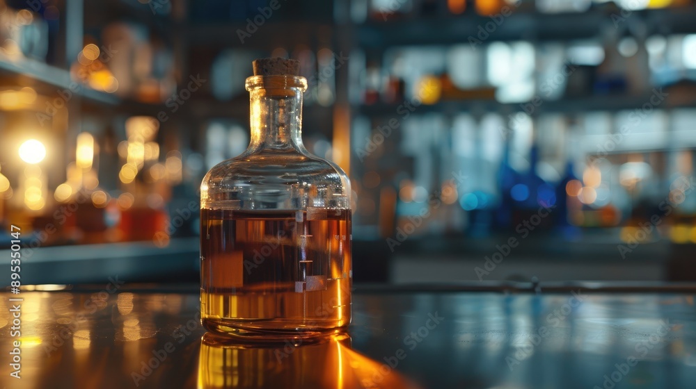 Benzene liquid in dark glass bottle in chemistry lab with copy space used in petrochemical sector Benzene liquid in dark glass bottle in chemistry lab with copy space used in petrochemical sector