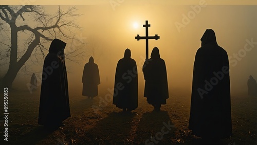 Generative AI, An Ancient Mystical Ritual Performed by Hooded Figures at Sunset in a Foggy Forest photo