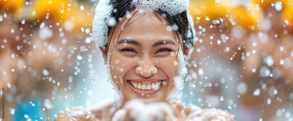 Fototapeta premium Songkran parade, vibrant colors and splashes, copy space, beautiful lighting