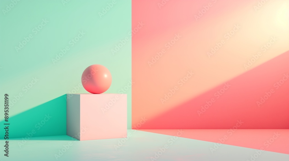 Pink sphere on white cube against pastel green and pink background. Pink sphere on white cube against pastel green and pink background.