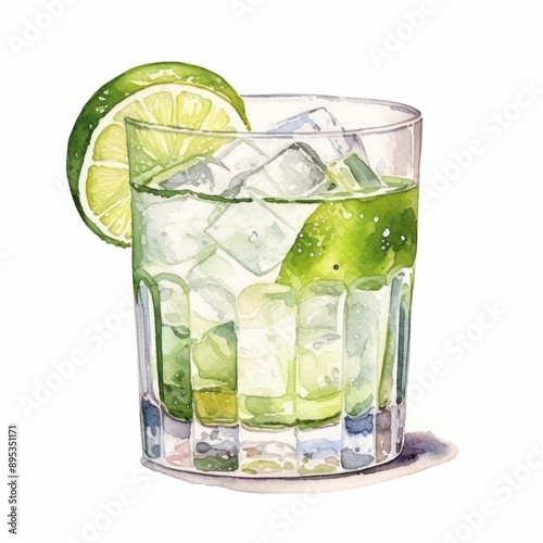 Watercolor, glass of green liquid with a lime wedge in it