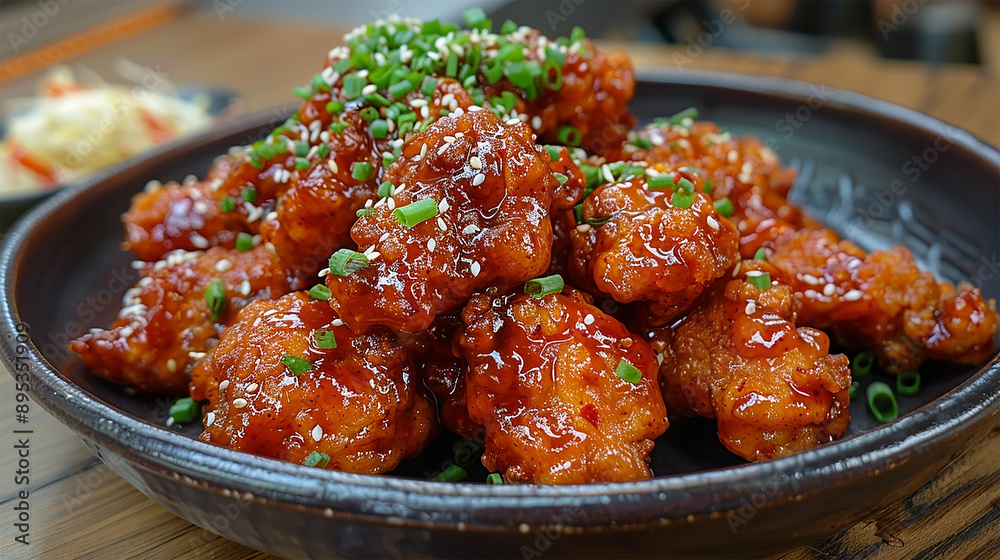 yangnyeom chicken, spicy and tangy Korean fried chicken, served in a contemporary Korean eatery yangnyeom chicken, spicy and tangy Korean fried chicken, served in a contemporary Korean eatery