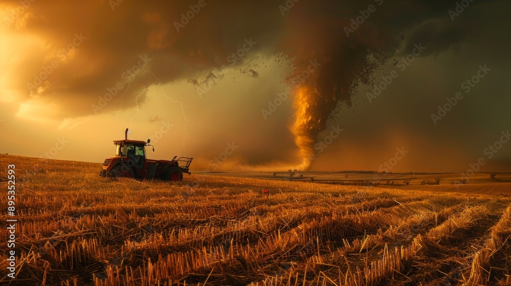 Fototapeta premium Tractor in a field with a looming tornado in the background