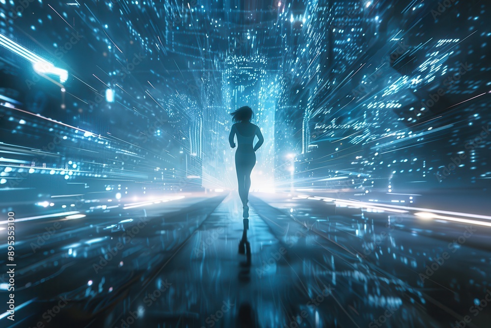 A person is running through a tunnel with a blue background A person is running through a tunnel with a blue background