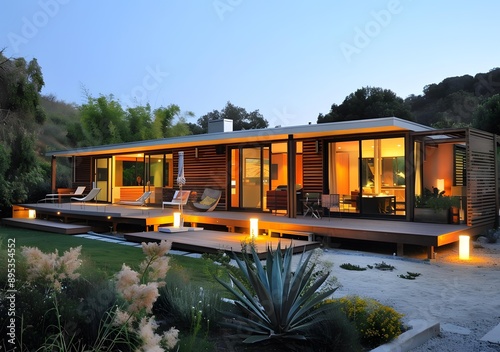 Modern House with Wood Deck and Beautiful Landscaping