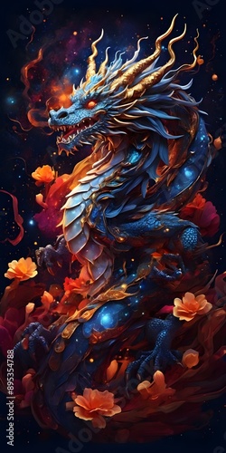 a bookmark a traditional Chinese dragon gliding through a cosmic galaxy, depicted through captivating digital illustration. The artwork showcases the dragon's powerful Generative AI © Borys