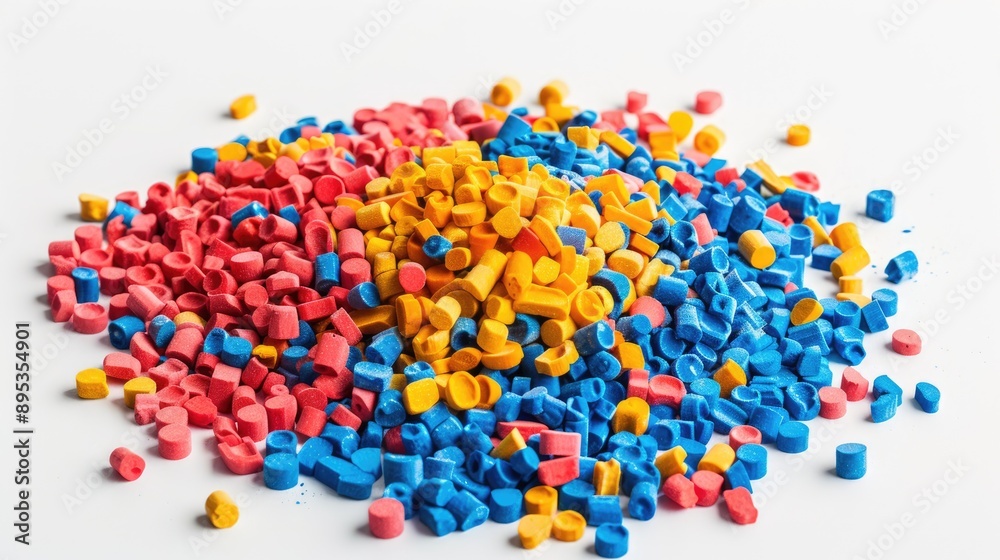 Vibrant polymer masterbatch granules on white background for industrial plastic company profiles Vibrant polymer masterbatch granules on white background for industrial plastic company profiles