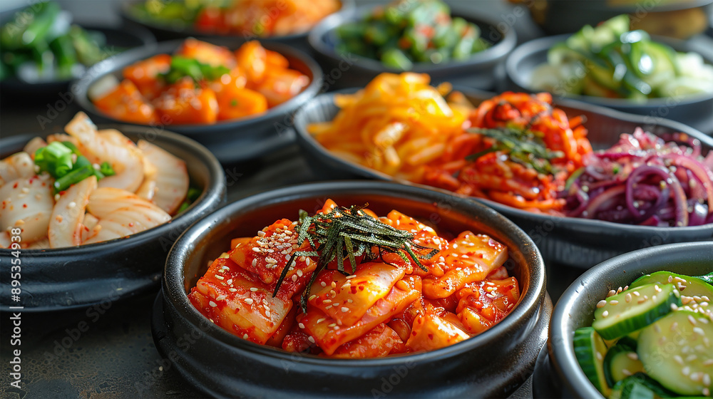 A variety of halal banchan, small side dishes including pickled vegetables and seaweed A variety of halal banchan, small side dishes including pickled vegetables and seaweed