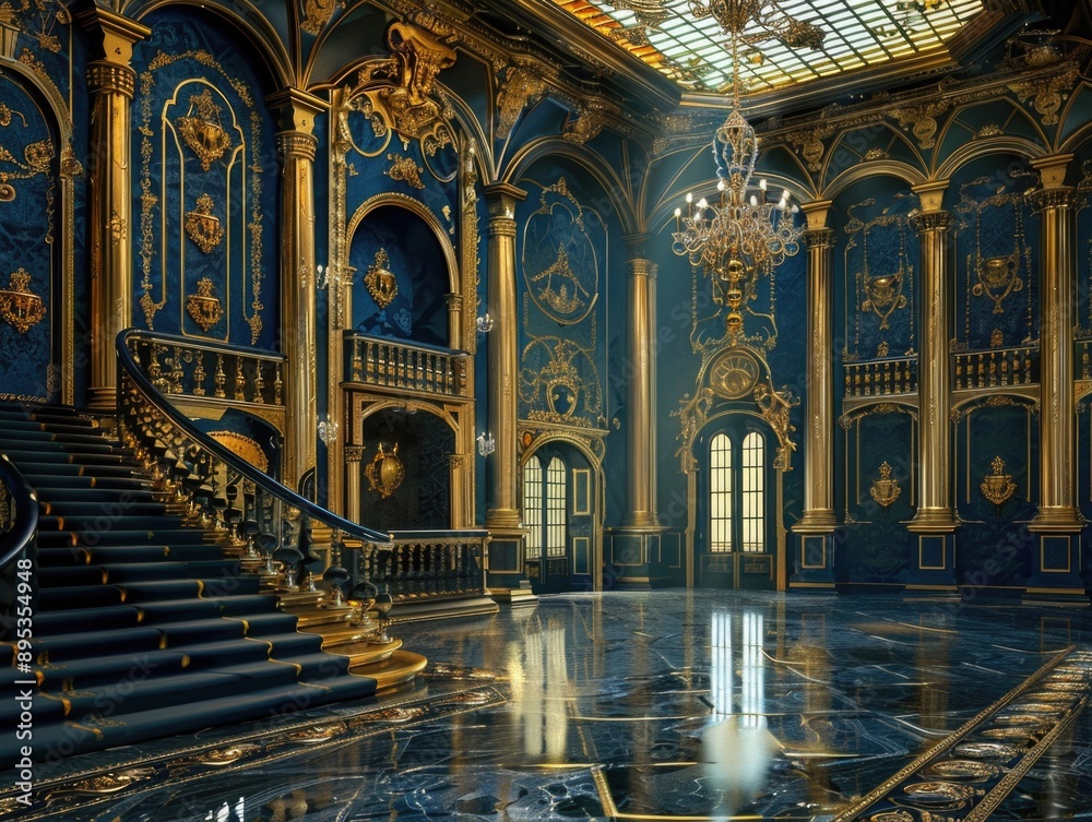 Fototapeta premium Elegant interior design featuring a grand chandelier and rich marble flooring in a spacious room