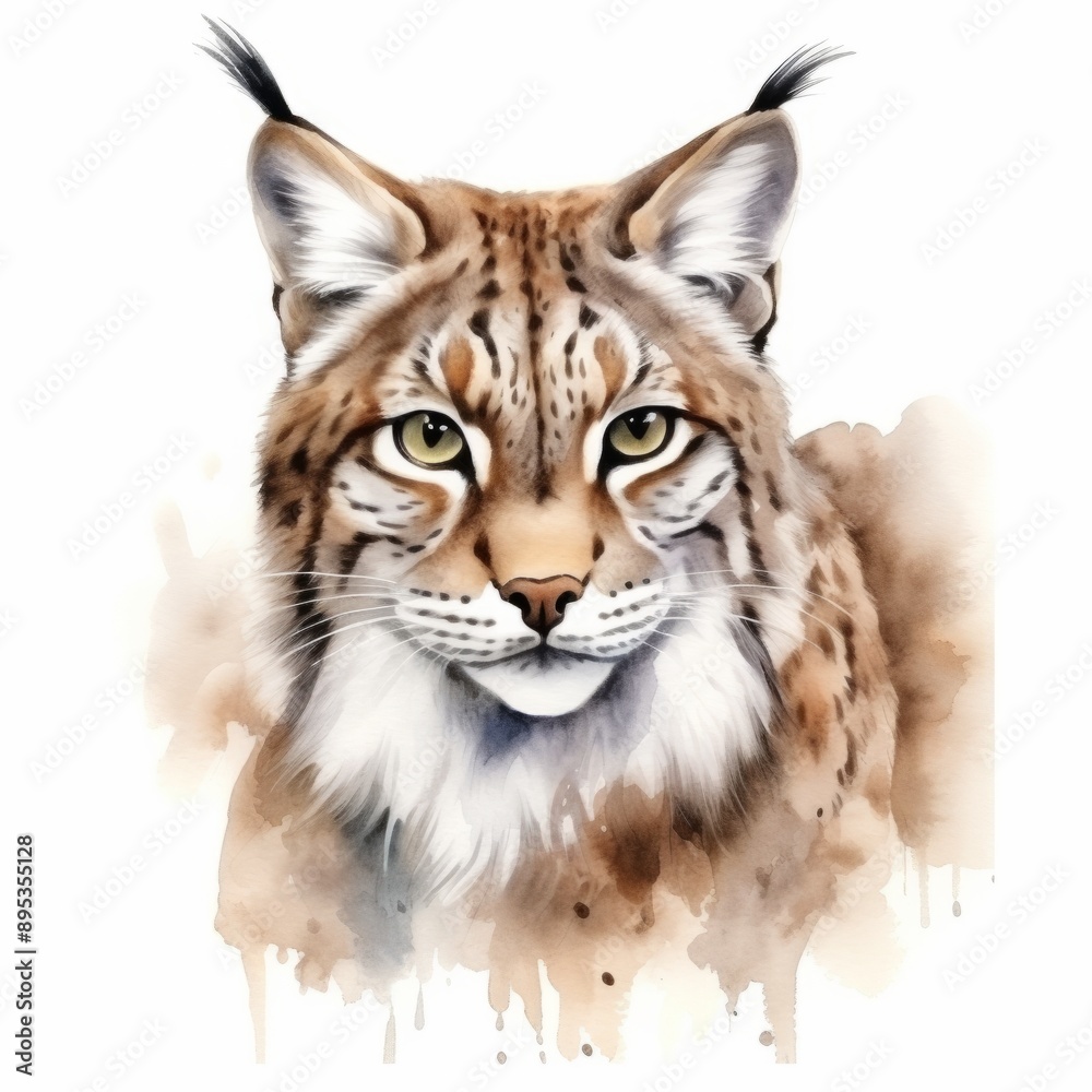 Watercolor, lynx cat with a yellow eye is staring at the camera. The cat has a brown and white fur coat Watercolor, lynx cat with a yellow eye is staring at the camera. The cat has a brown and white fur coat