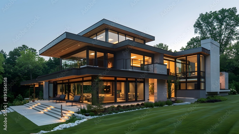 Modern Luxury Home with Large Windows and Stone Exterior Modern Luxury Home with Large Windows and Stone Exterior