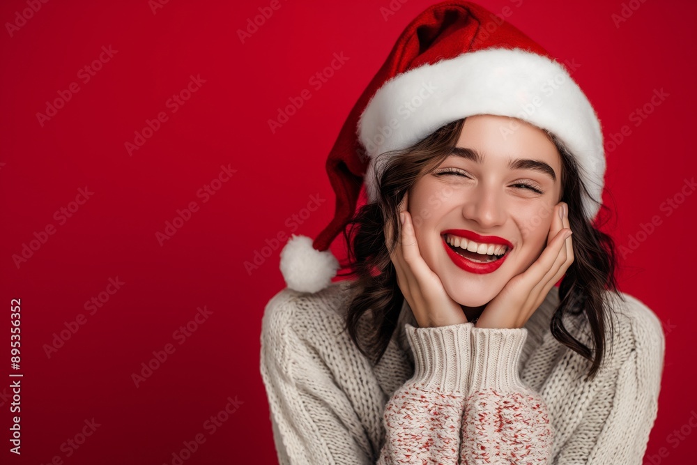 During Christmas, a joyful woman in a Santa hat radiates warmth and happiness, bringing festive cheer with her bright outfit and smile, spreading joy and celebrating the holiday season During Christmas, a joyful woman in a Santa hat radiates warmth and happiness, bringing festive cheer with her bright outfit and smile, spreading joy and celebrating the holiday season
