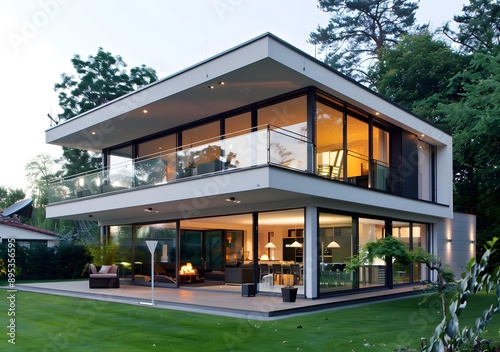 Modern House with Large Windows and a Balcony