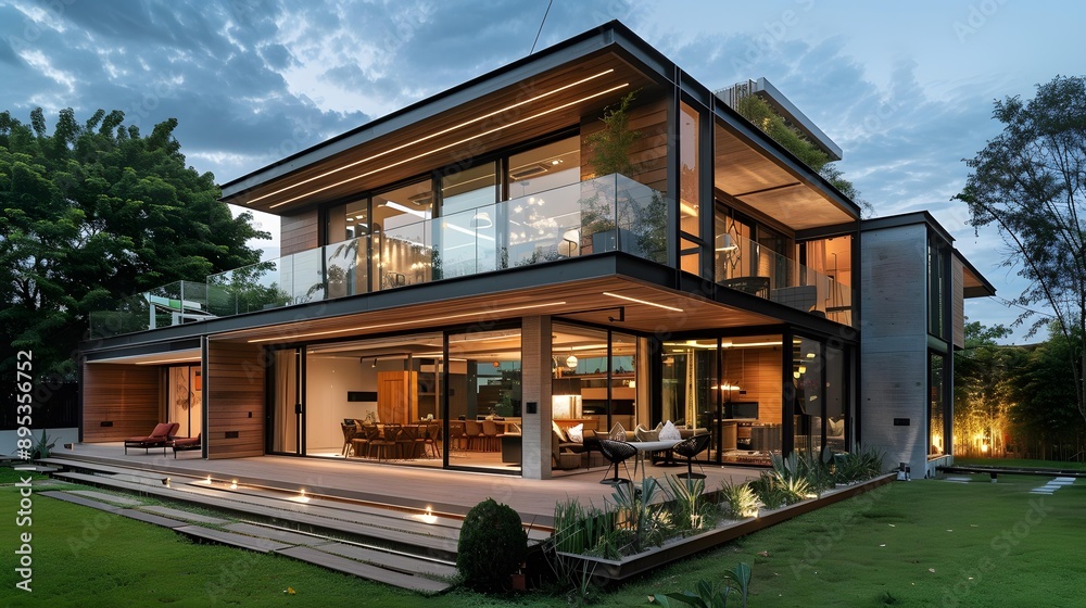 Modern Home with Glass Windows and Wooden Accents Modern Home with Glass Windows and Wooden Accents
