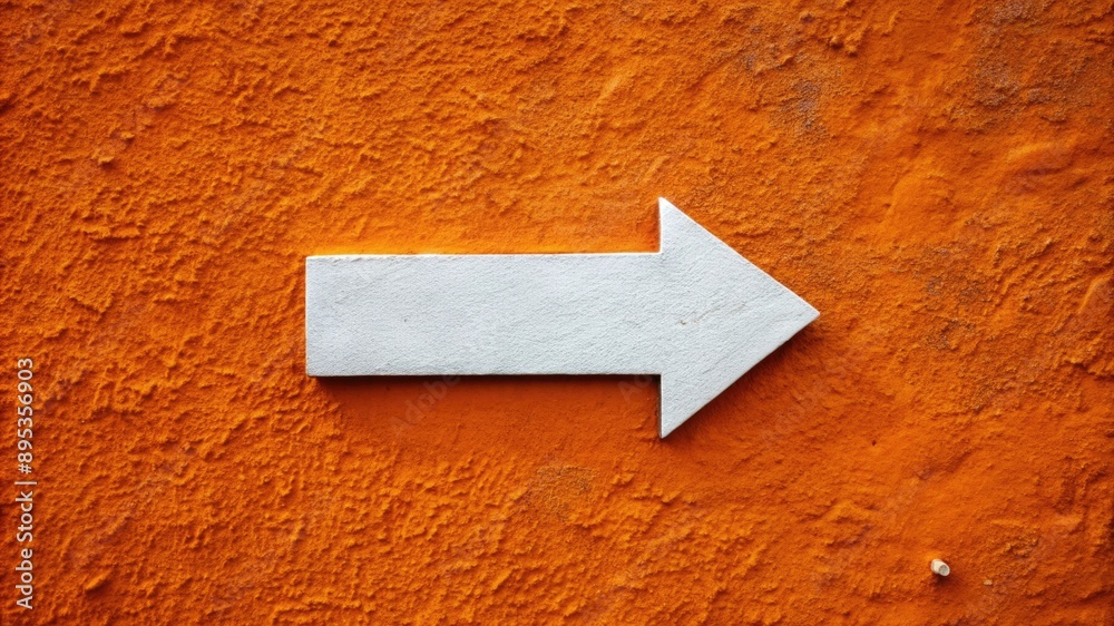 White arrow direction sign over vivid bright orange color stucco rough ...