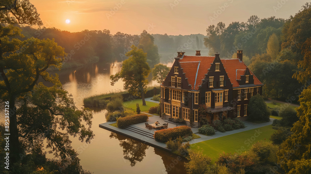 Fototapeta premium Drone Shot of Picturesque Dutch Wedding in Traditional Garden with Guests and Venue