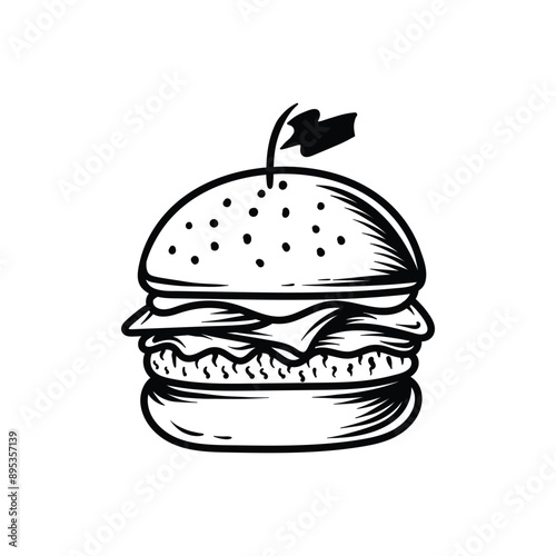 double cheese burger line art style sketch classic vintage design illustration