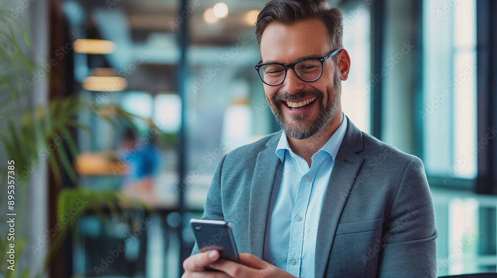 happy entrepreneur using smartphone in modern office, smiling businessman happy entrepreneur using smartphone in modern office, smiling businessman
