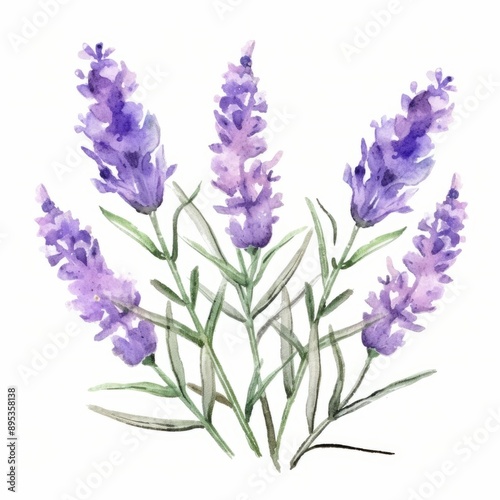 Watercolor, painting of purple flowers lavender with green stems. The flowers are arranged in a way that creates a sense of harmony and balance. The painting evokes a feeling of calmness and serenity