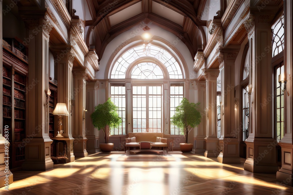 Fototapeta premium the AI Image Generator, ballroom with a large window large floor in golden