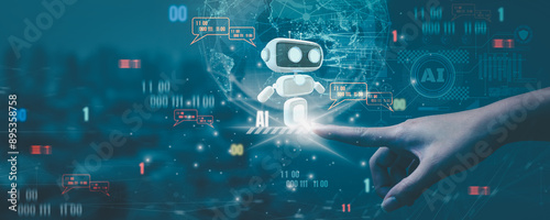  Businessman uses finger touch robot search information and analyze with artificial intelligence system network global with futuristic digital system for business people Business and industry system.