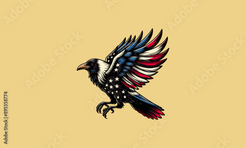 flying crow with american flag vector mascot design