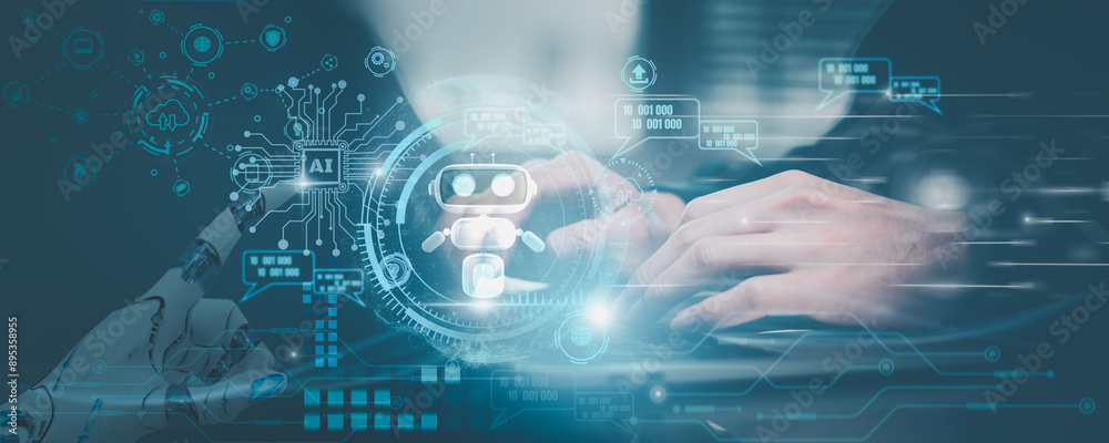 Businessman use computer connect to search information with robot with artificial intelligence system network global with futuristic digital system for business people Business and industry system.