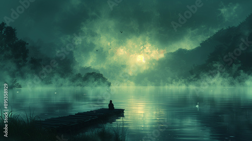 Serene Sunrise Over Tranquil Lake with Mist and Lush Green Hills, Neon Highlights photo