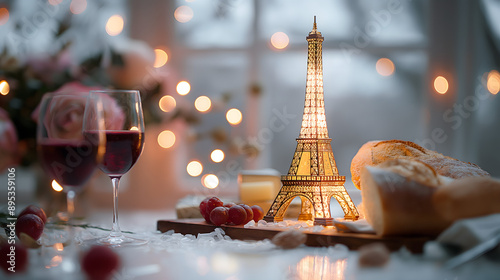 Illuminated miniature Eiffel Tower along with a French wine and bread on a rustic wooden table photo