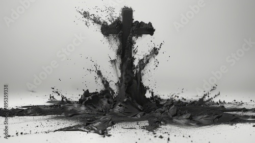 On Assumption Day, black dust smeared on a white background forms a cross, splashing, religious concept