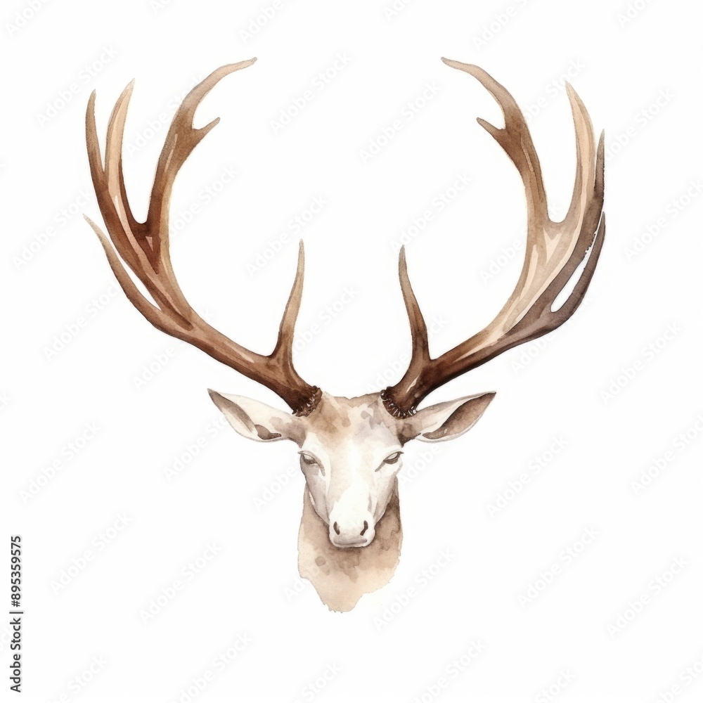Watercolor, deer head with large antlers is the main focus of the image. The antlers are brown and the deer's face is white. The image has a natural and peaceful feel to it Watercolor, deer head with large antlers is the main focus of the image. The antlers are brown and the deer's face is white. The image has a natural and peaceful feel to it