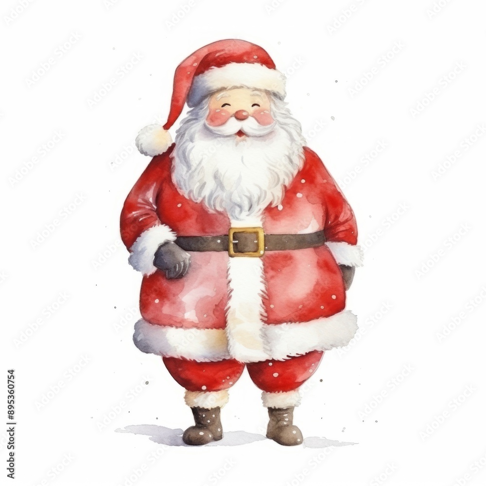 Watercolor, painting of Santa Claus standing in the snow with a big smile on his face. The painting has a cheerful and festive mood, capturing the spirit of Christmas Watercolor, painting of Santa Claus standing in the snow with a big smile on his face. The painting has a cheerful and festive mood, capturing the spirit of Christmas